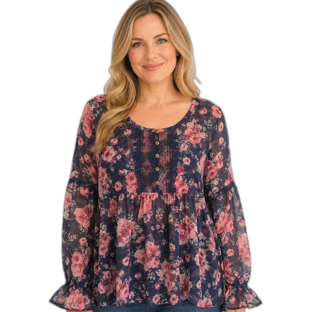 Arizona Jean Co XL Floral Boho Peasant Top Sheer Lace Front Long Sleeve